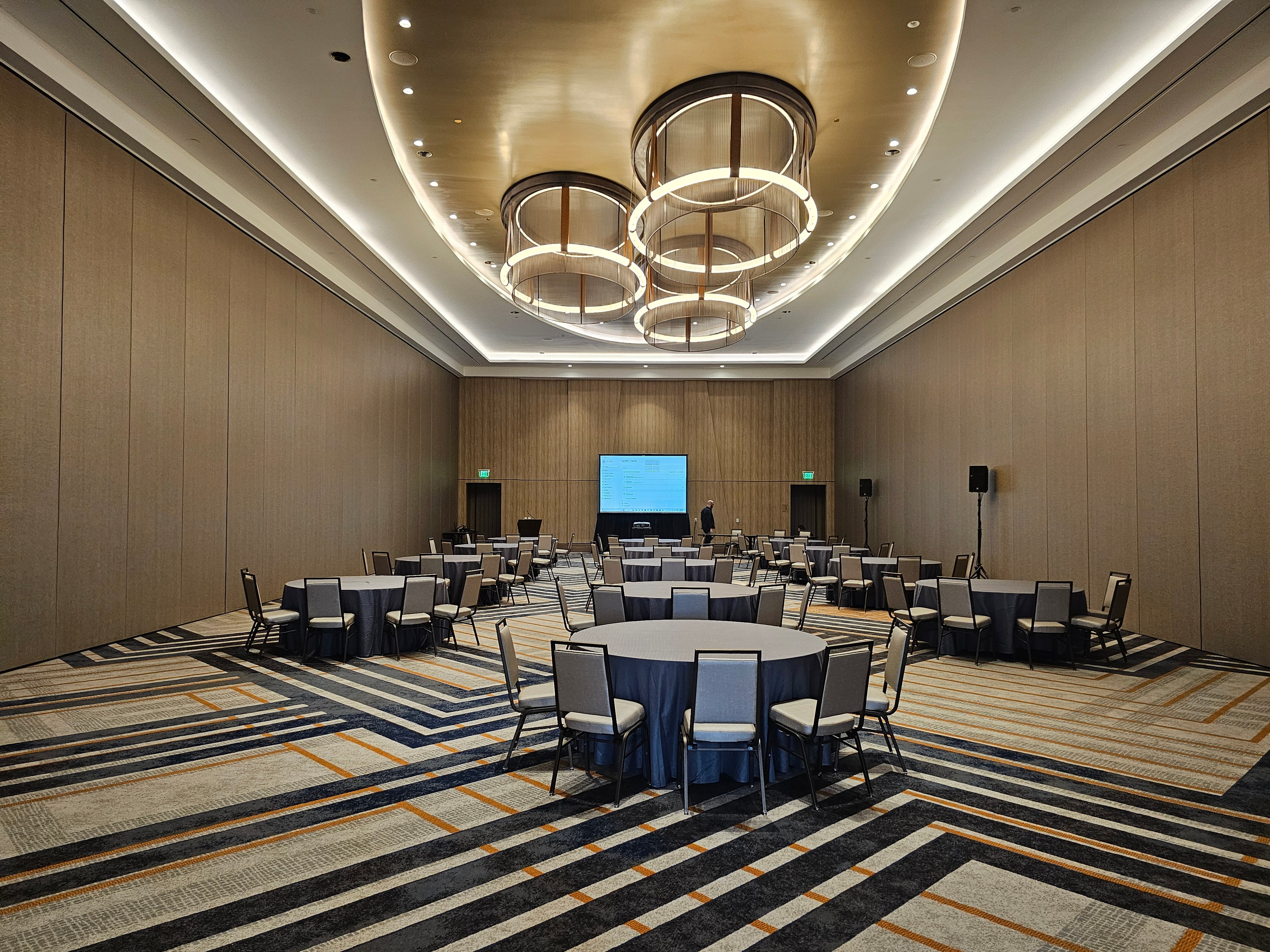 Modern ballroom with round banquet tables