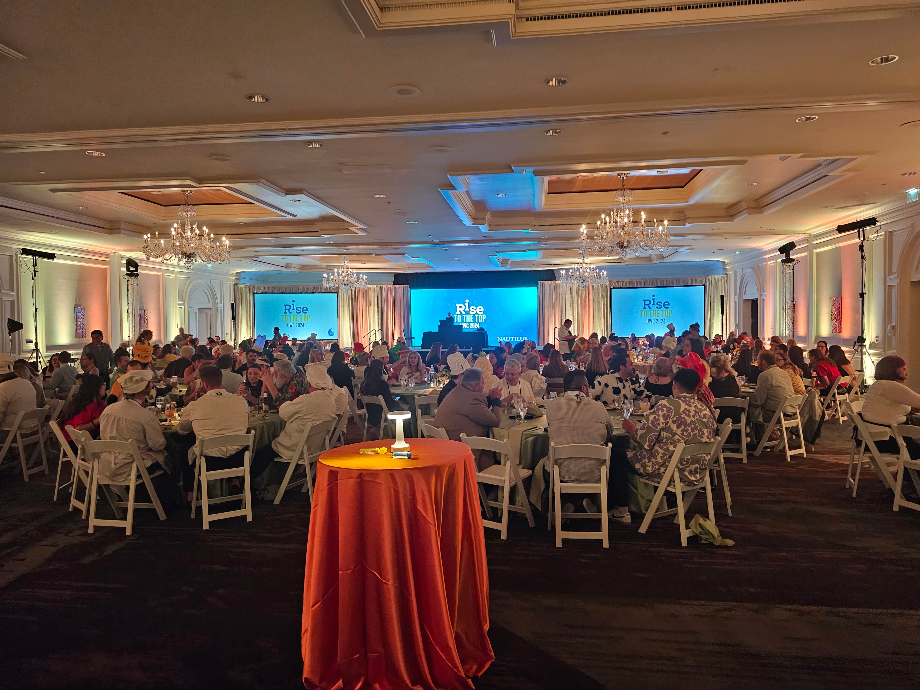 Large conference ballroom with attendees dining