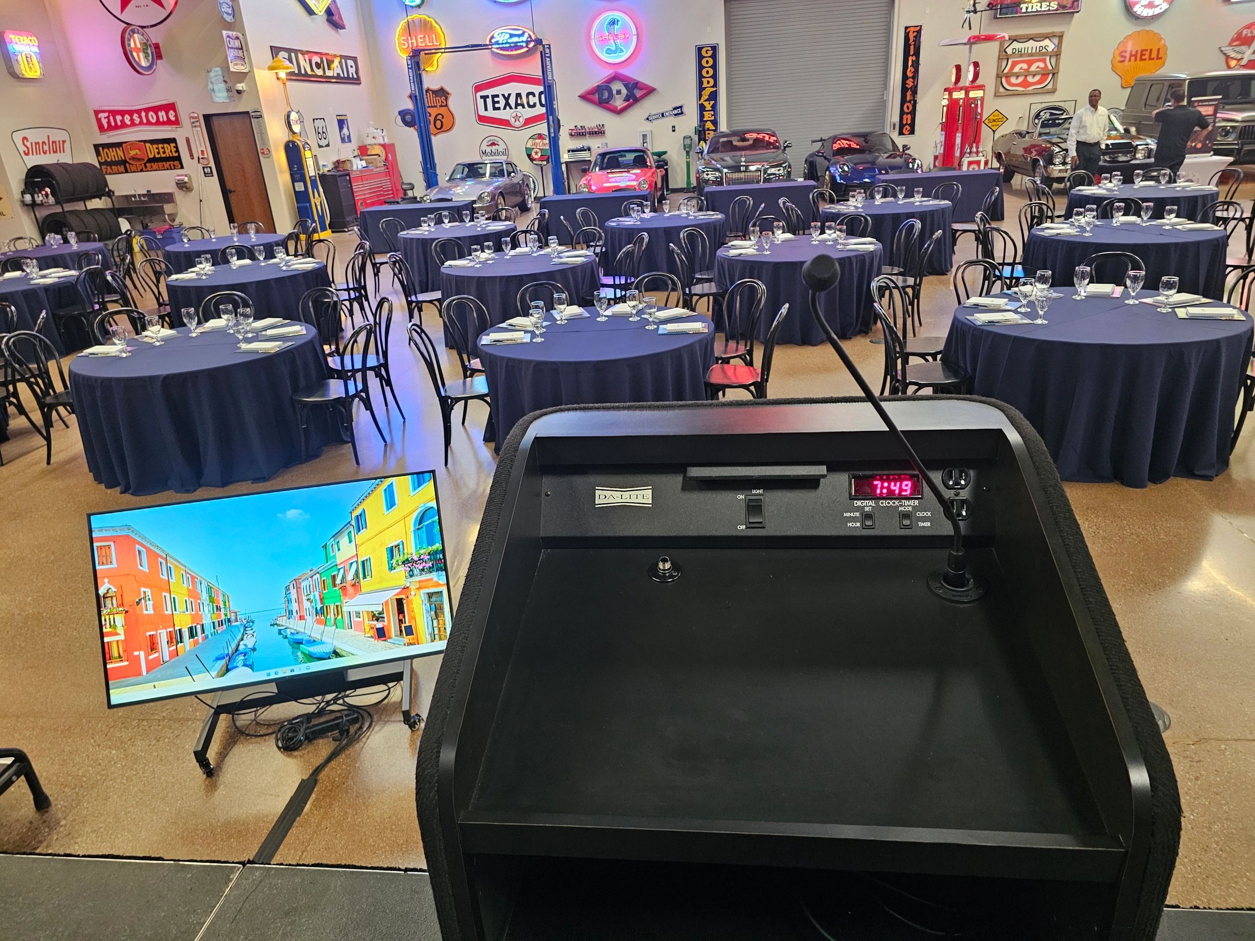 Vintage themed event venue with AV monitor